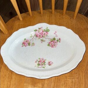 Vintage White Ceramic Serving Platter with Pink Floral Motif Farmhouse